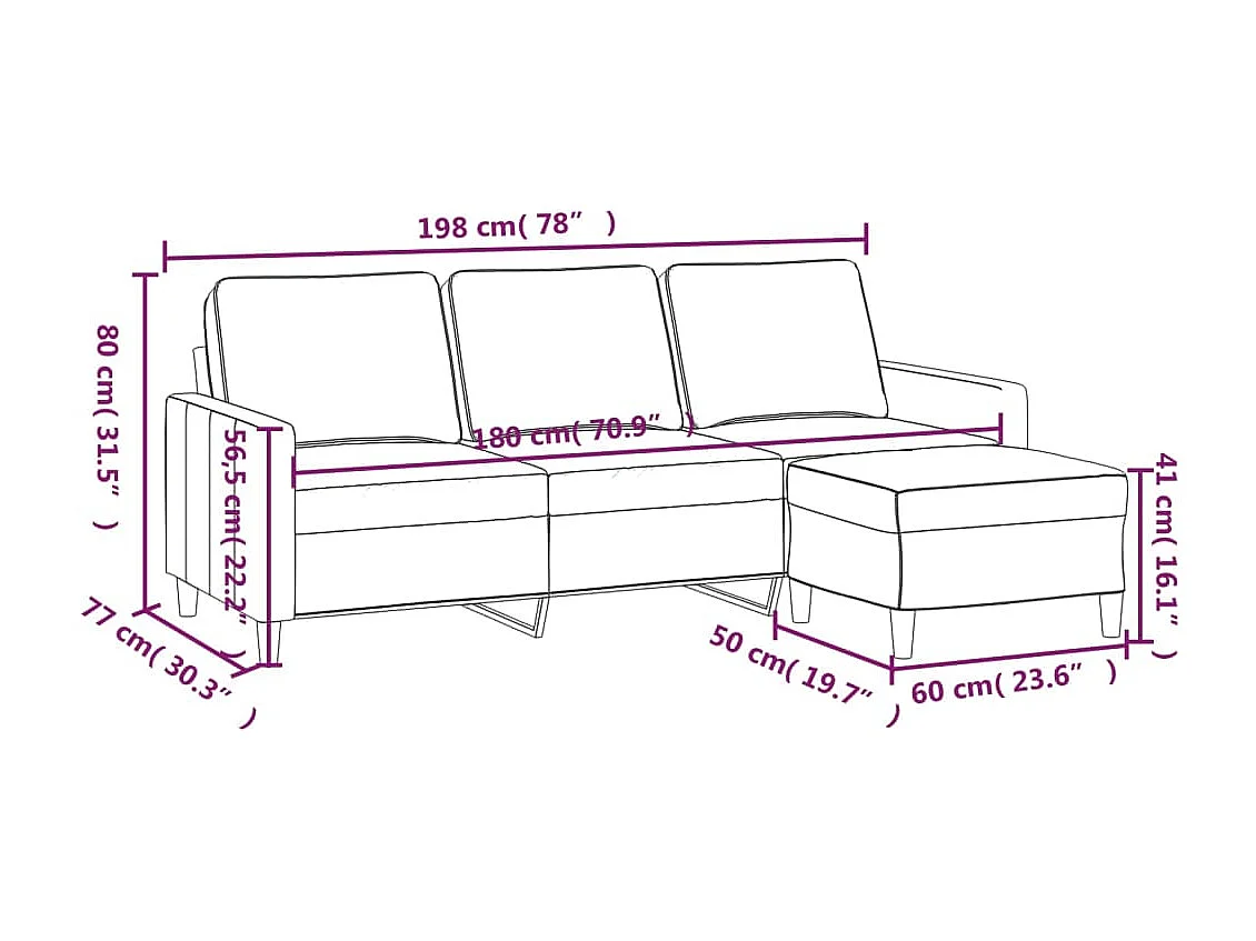 3-Sitzer-Sofa mit Hocker Rosa 180 cm Samt