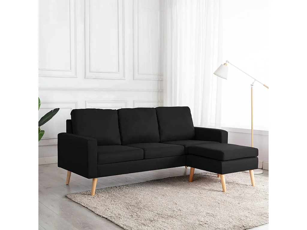 3-Sitzer-Sofa mit Hocker Schwarz Stoff