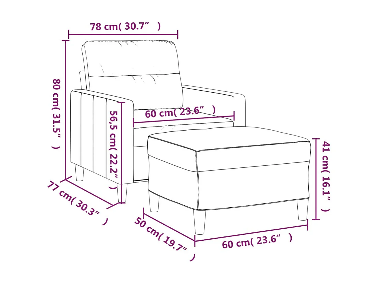 Fauteuil met voetenbank 60 cm stof lichtgeel