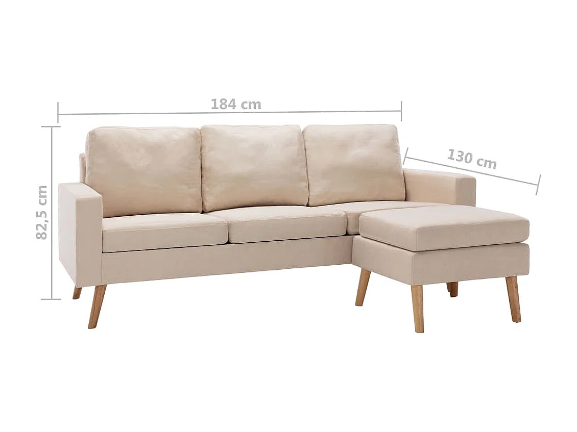 Sofá de 3 plazas con reposapiés de tela crema