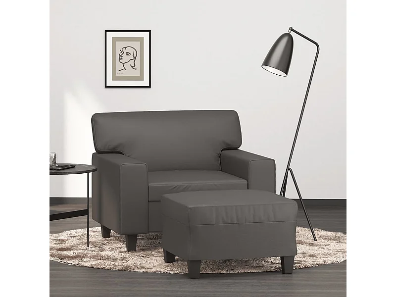 Sillón con taburete cuero sintético gris 60 cm