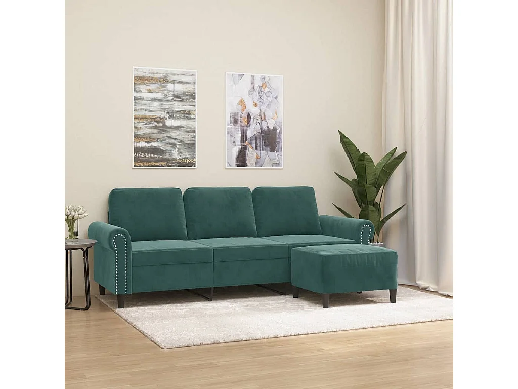 Divano a 3 Posti con Poggiapiedi Verde scuro 180 cm in Velluto
