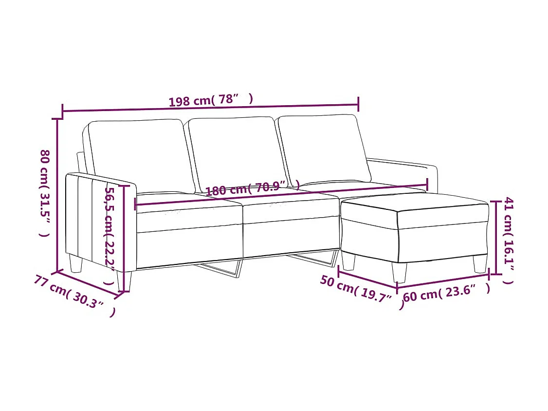 Canapé à 3 places avec repose-pieds Crème 180 cm Similicuir