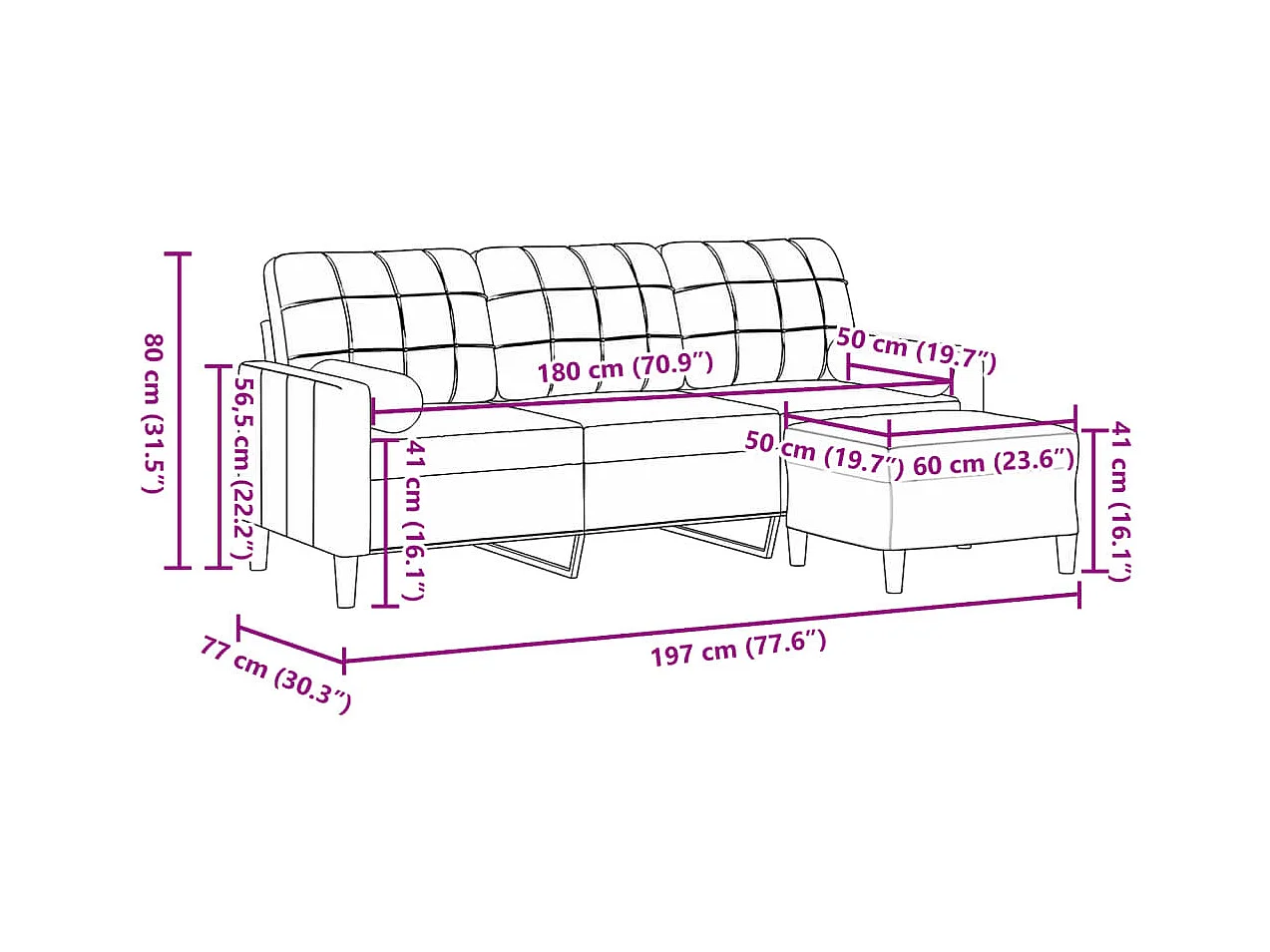 Driezitsbank met voetenbank 180 cm fluweel bruin