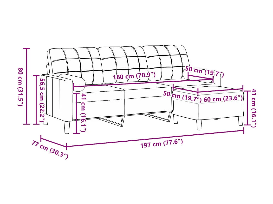 Driezitsbank met voetenbank 180 cm fluweel bruin