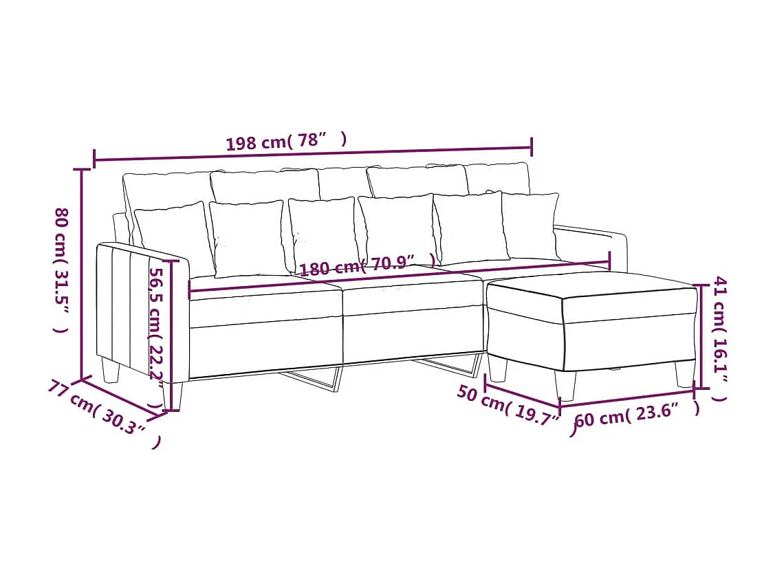 Canapé à 3 places avec repose-pieds Crème 180 cm Tissu