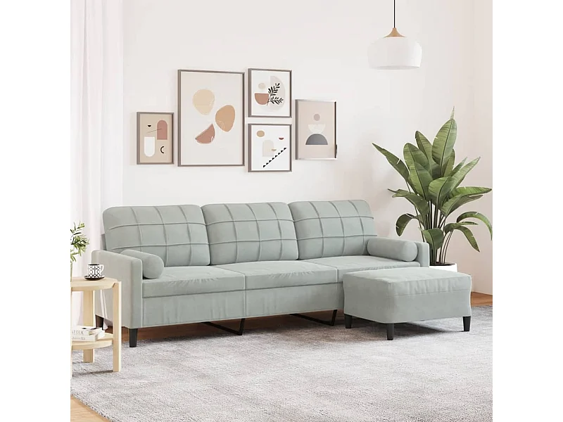 Divano a 3 Posti con Poggiapiedi Grigio Chiaro 210cm in Velluto