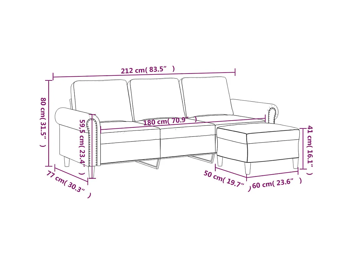 Canapé à 3 places avec repose-pieds Gris clair 180 cm Velours