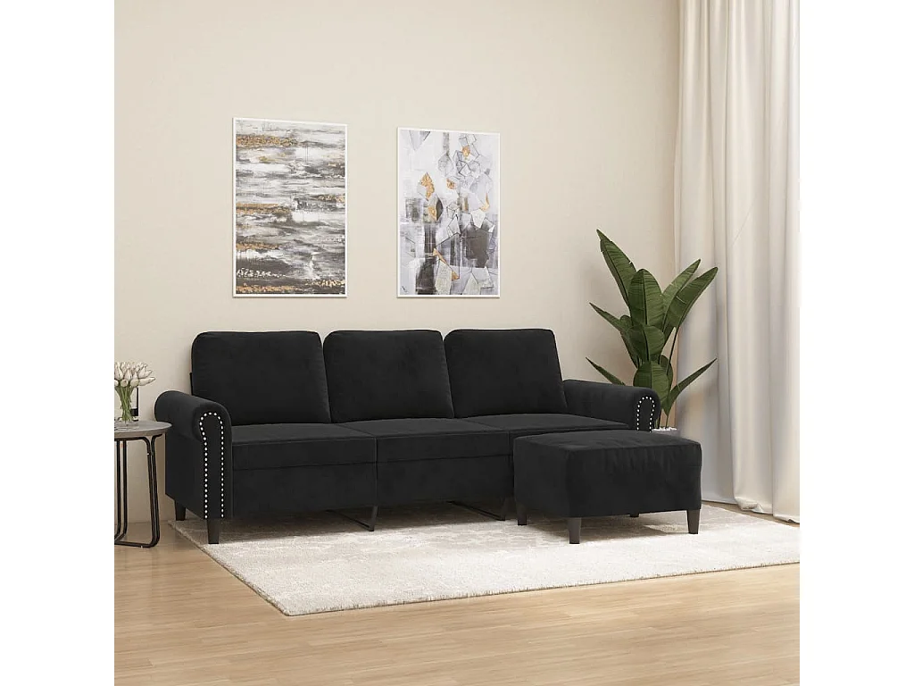 Sofá de 3 lugares com apoio de pés 180 cm veludo preto