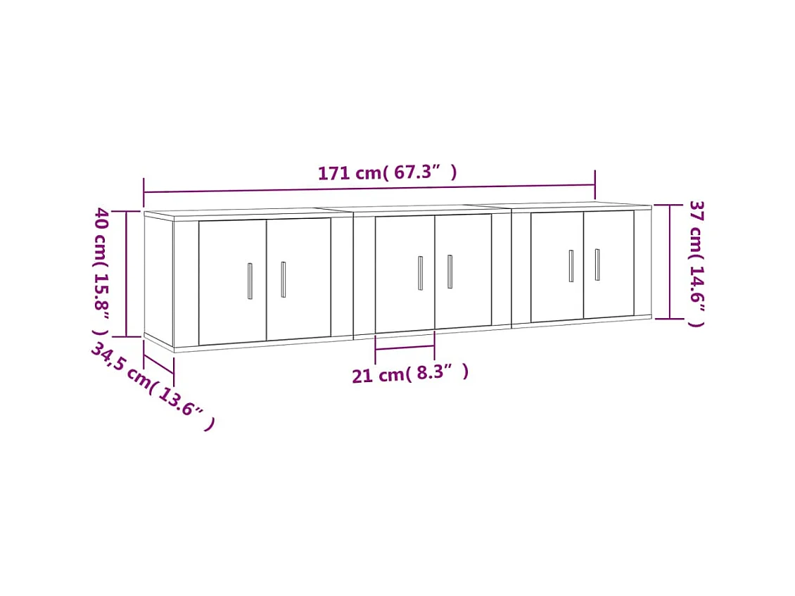Tv-wandmeubels 3 st 57x34,5x40 cm bruin eikenkleur