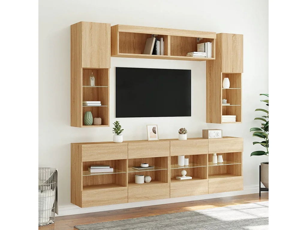 Set Mobili TV a Muro 6 pz con Luci LED Rovere Sonoma