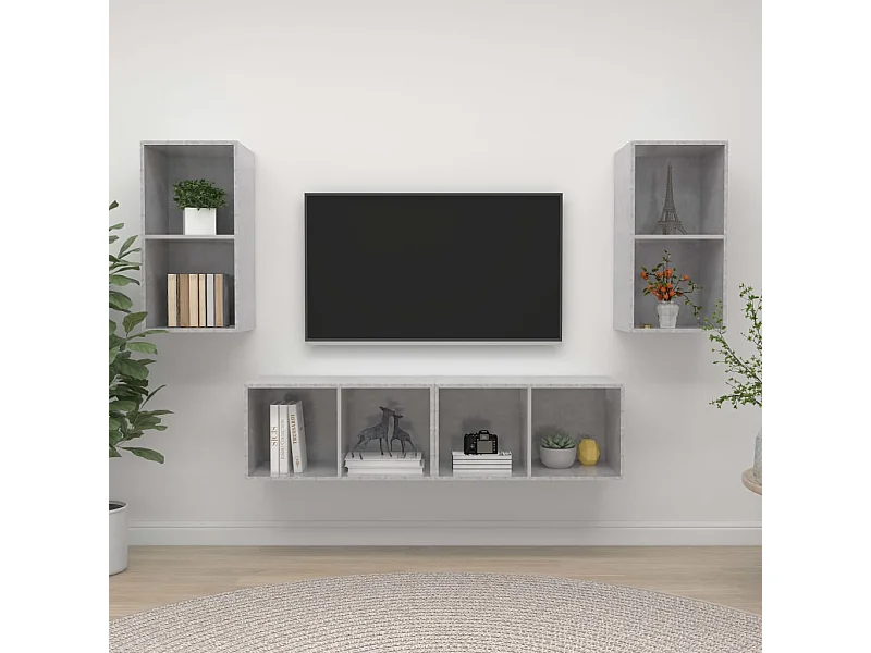 Mobile TV a Parete 4 pz Grigio Cemento in Truciolato