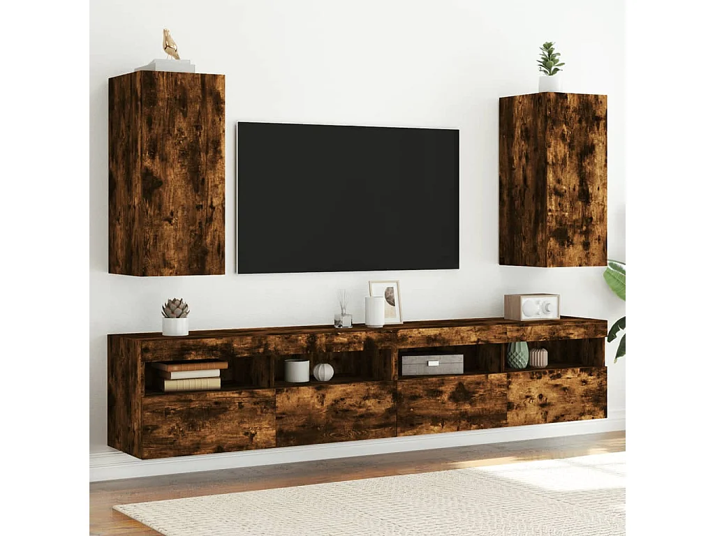 TV-Wandschränke mit LED-Leuchten 2 Stk. Räuchereiche
