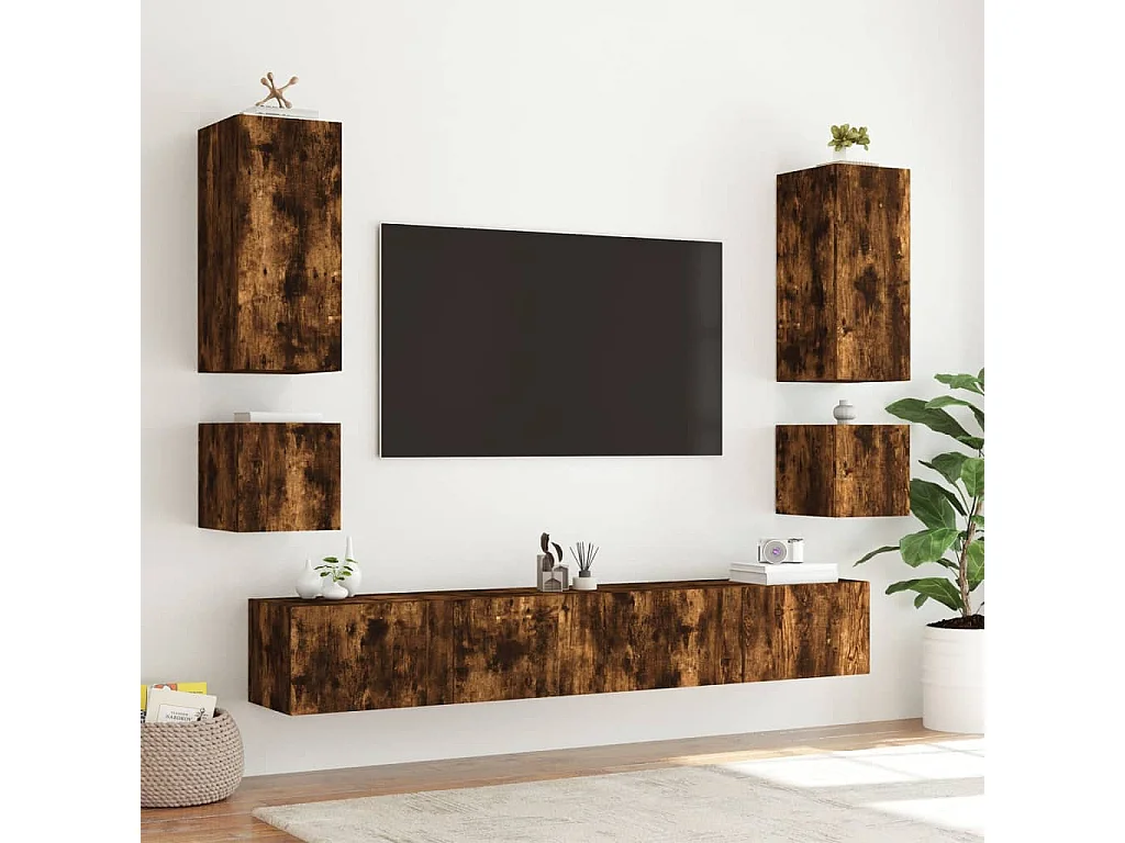 Móveis de parede para TV com luzes LED 2 pcs carvalho fumado