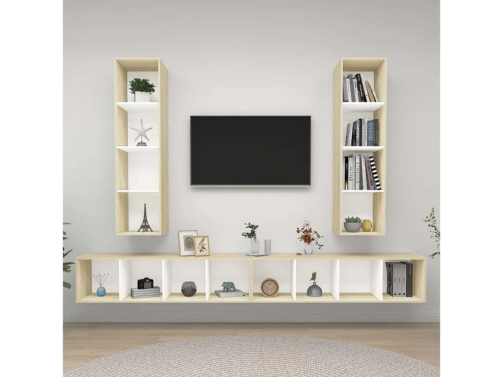 Meubles TV muraux 4 pcs Blanc et chêne sonoma Bois d'ingénierie