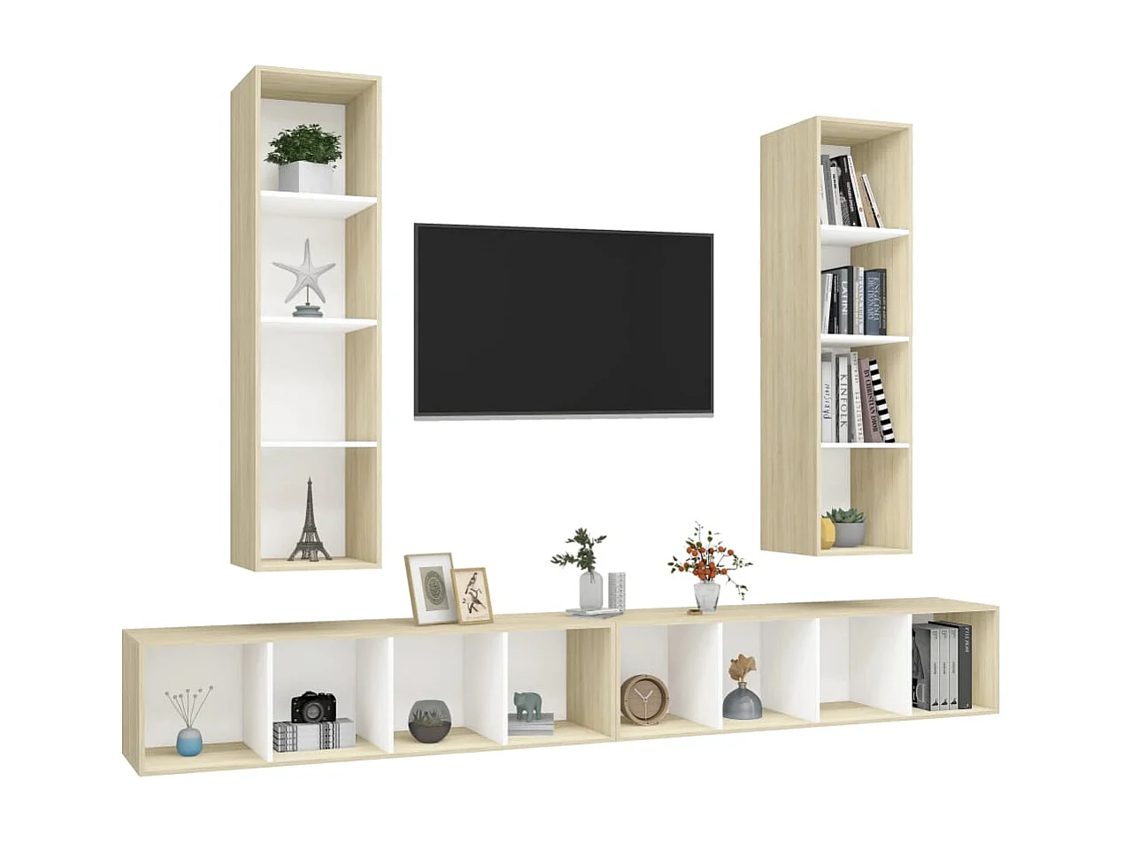 Meubles TV muraux 4 pcs Blanc et chêne sonoma Bois d'ingénierie