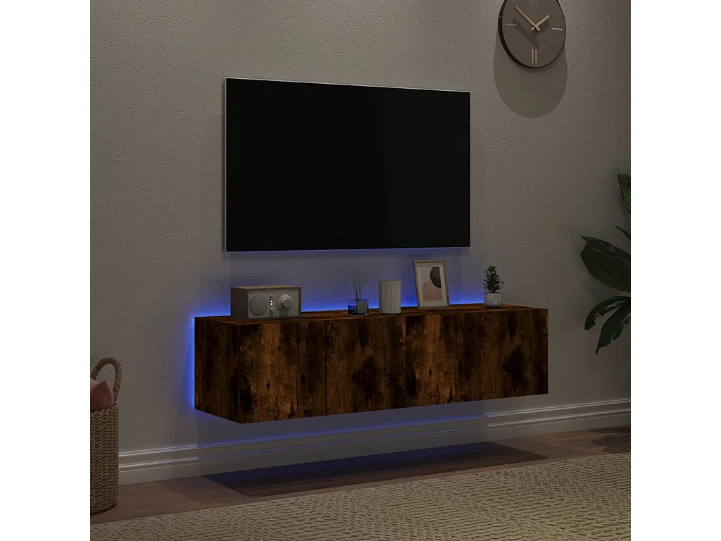 Meubles TV muraux et lumières LED 2pcs chêne fumé 60x35x31 cm