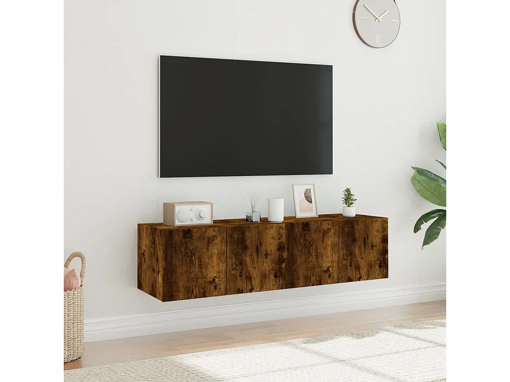 Meubles TV muraux et lumières LED 2pcs chêne fumé 60x35x31 cm