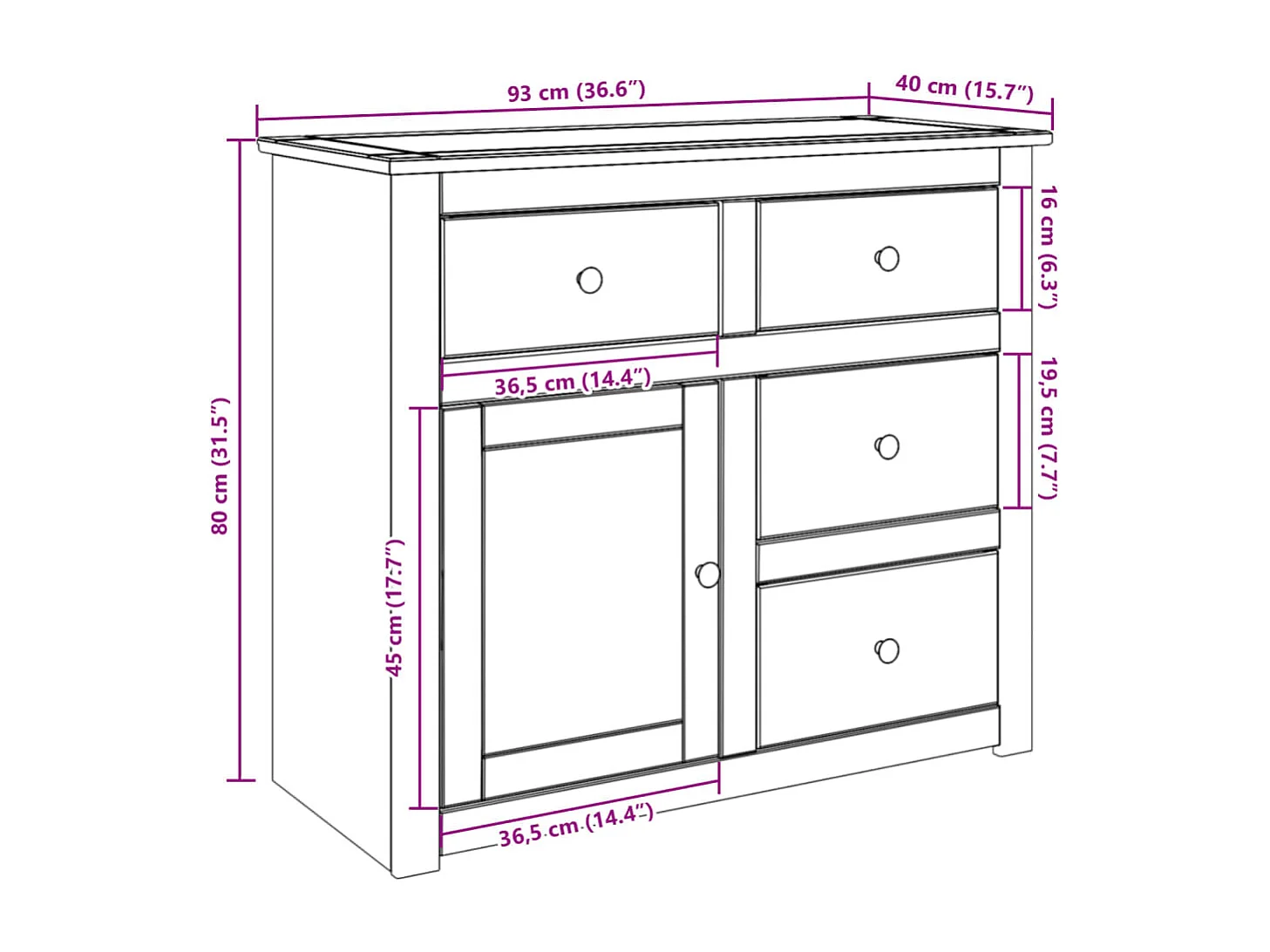 Aparador con cajones Panama madera maciza pino 93x40x80 cm