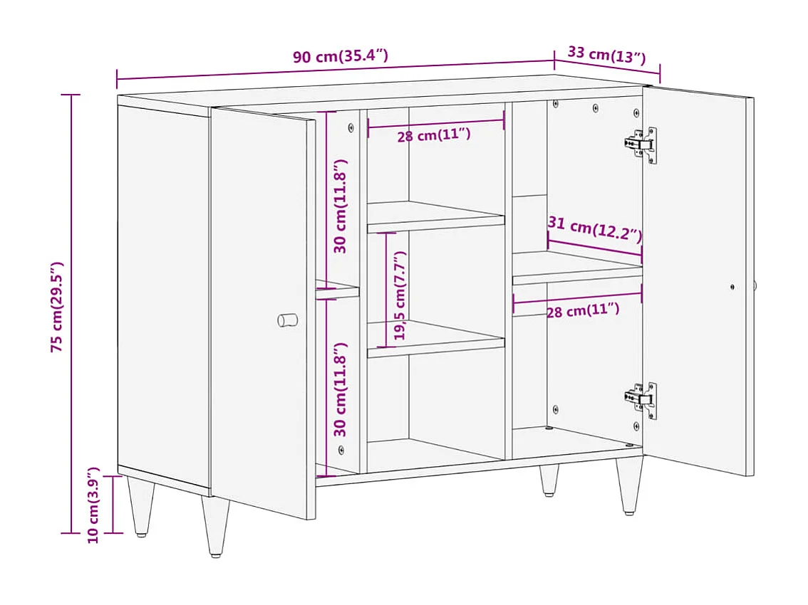 Credenza 90x33x75 cm in Legno Massello di Mango
