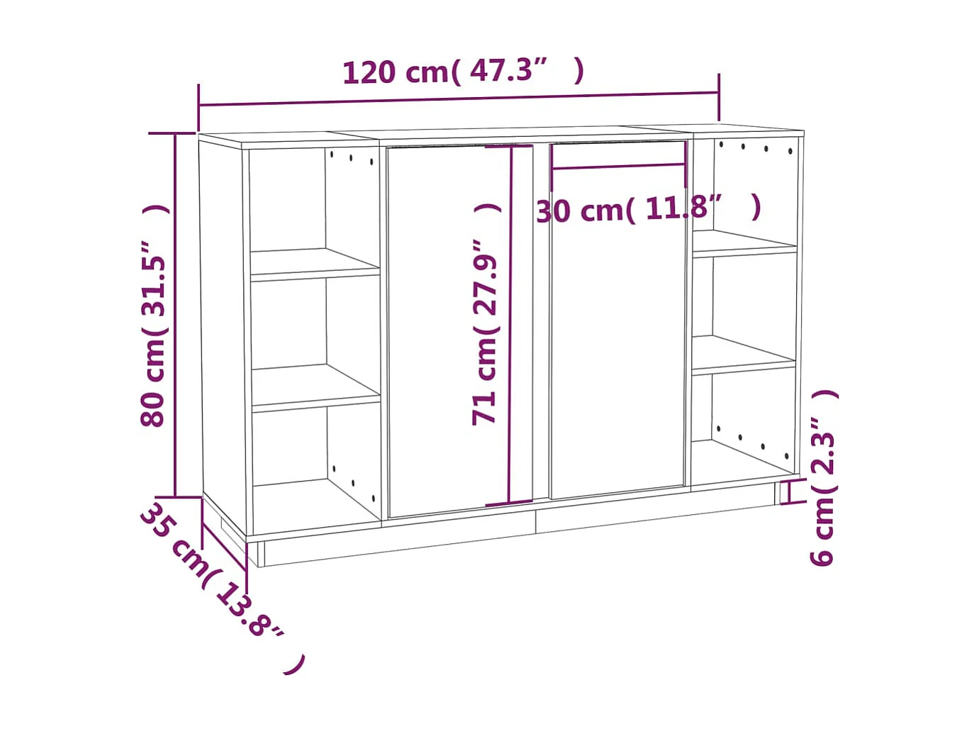 Aparador de madera maciza de pino marrón miel 120x35x80 cm