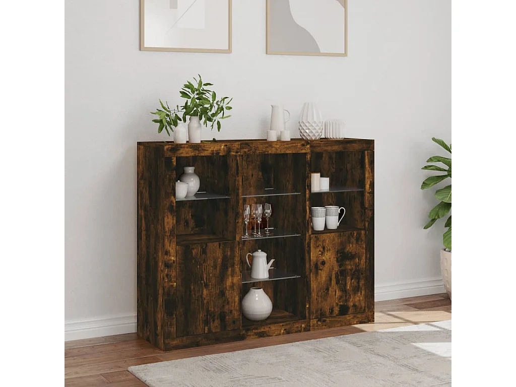 Sideboards mit LED-Leuchten 3 Stk. Räuchereiche Holzwerkstoff