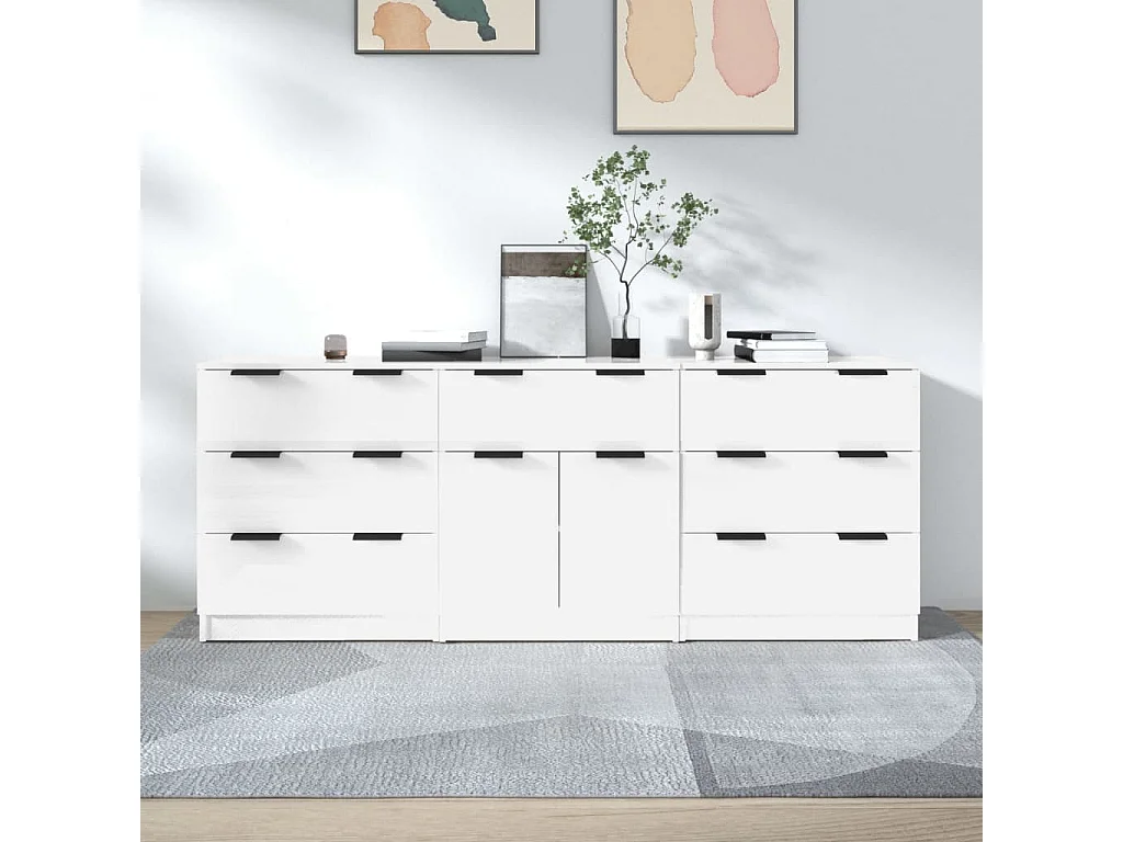 Buffets 3 pcs blanc brillant bois d'ingénierie