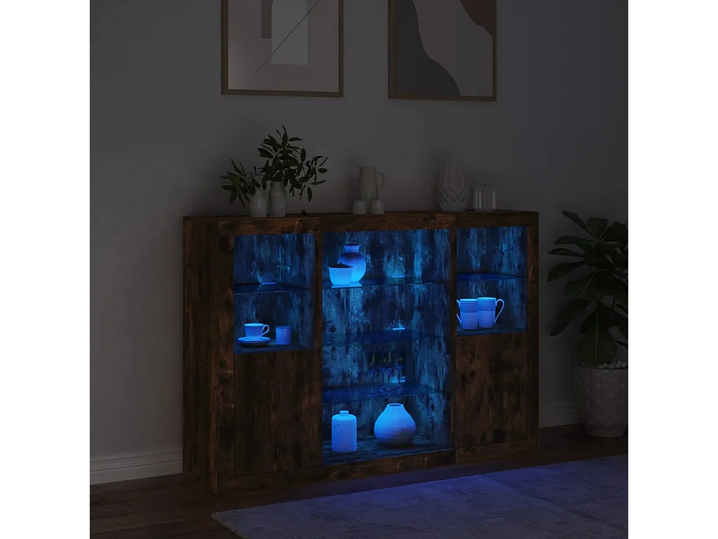 Credenze con Luci LED 3 pz Rovere Fumo in Legno Multistrato