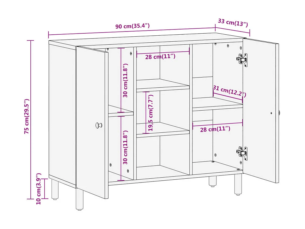 Credenza 90x33x75 cm in Legno Massello di Mango