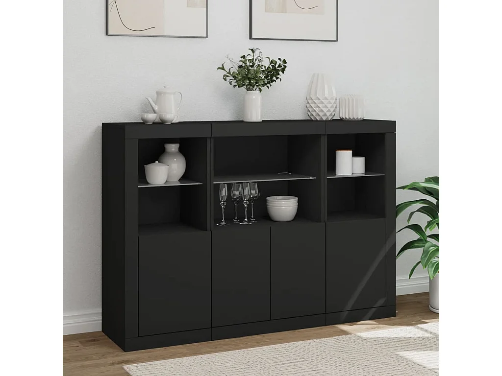 Sideboards mit LED-Leuchten 3 Stk. Schwarz Holzwerkstoff
