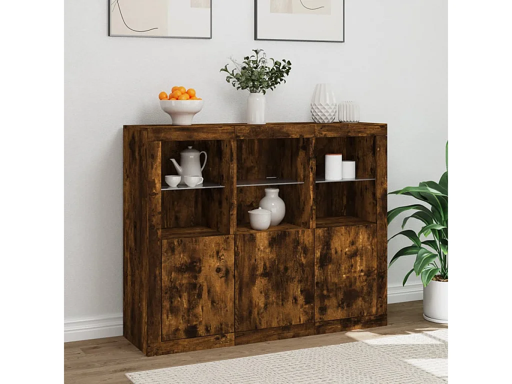 Buffets avec lumières LED 3 pcs chêne fumé bois d'ingénierie