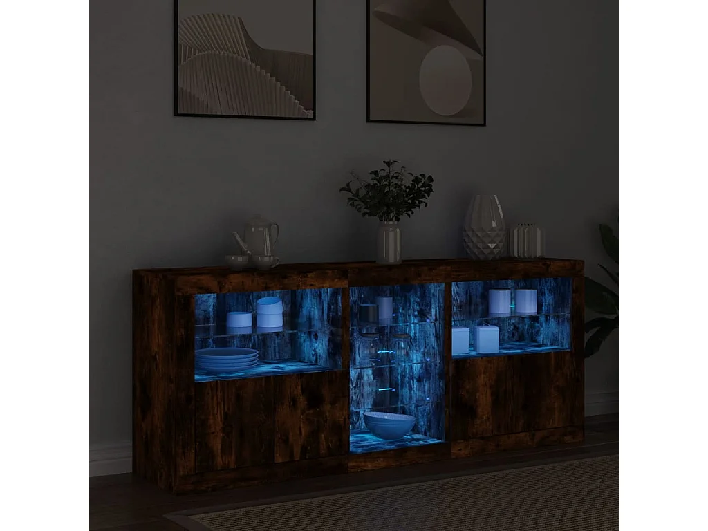 Buffet avec lumières LED chêne fumé 162x37x67 cm