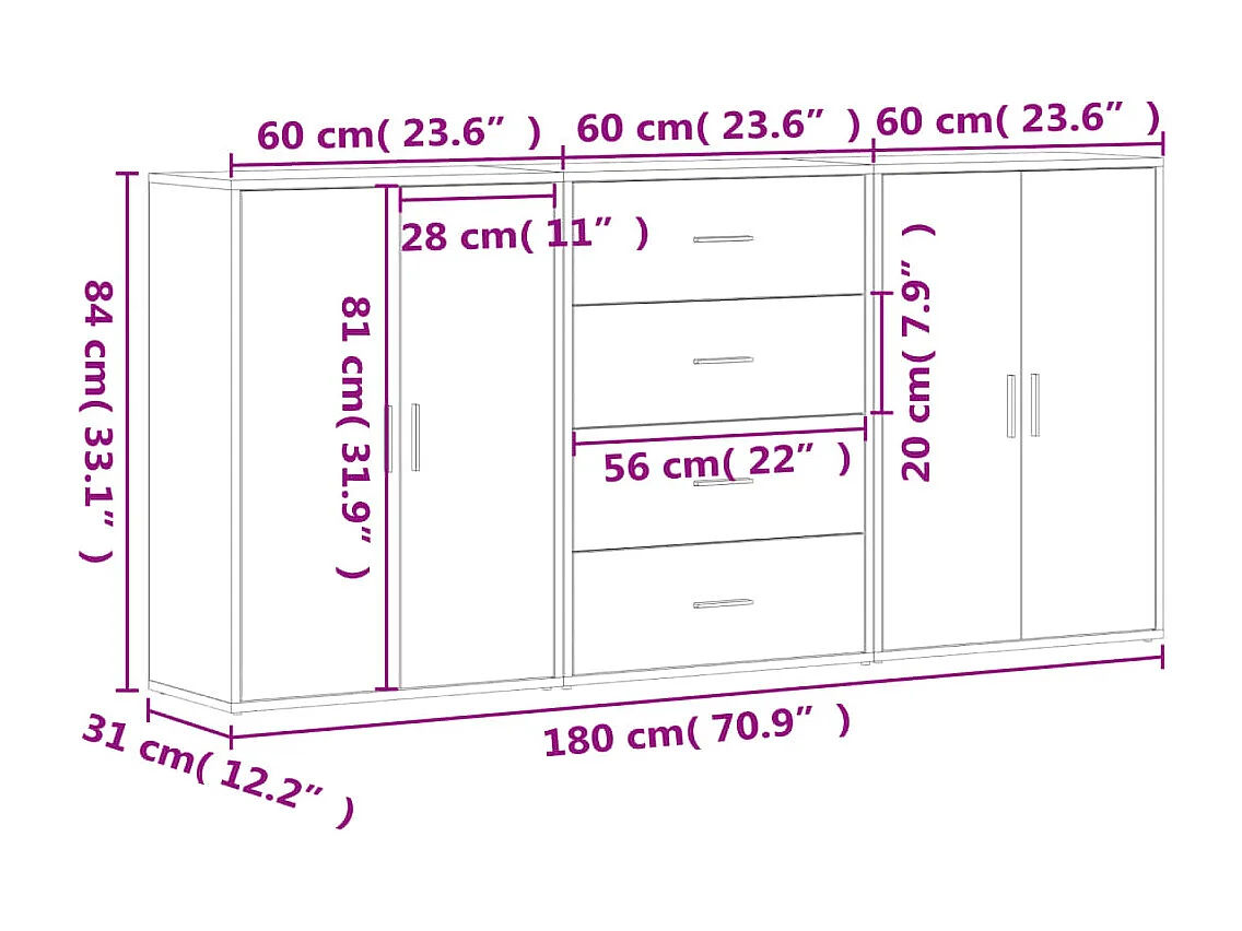 Credenze 3 pz Grigio Sonoma 60x31x84 cm in Legno Multistrato