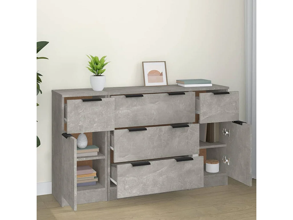 Set di Credenze 3 pz Grigio Cemento in Legno Multistrato