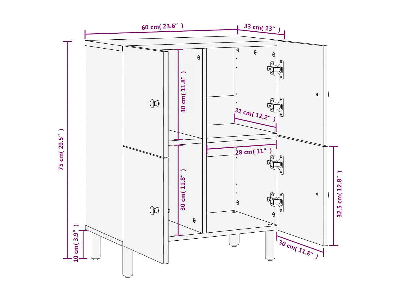 Aparador madera maciza de mango negro 60x33x75 cm