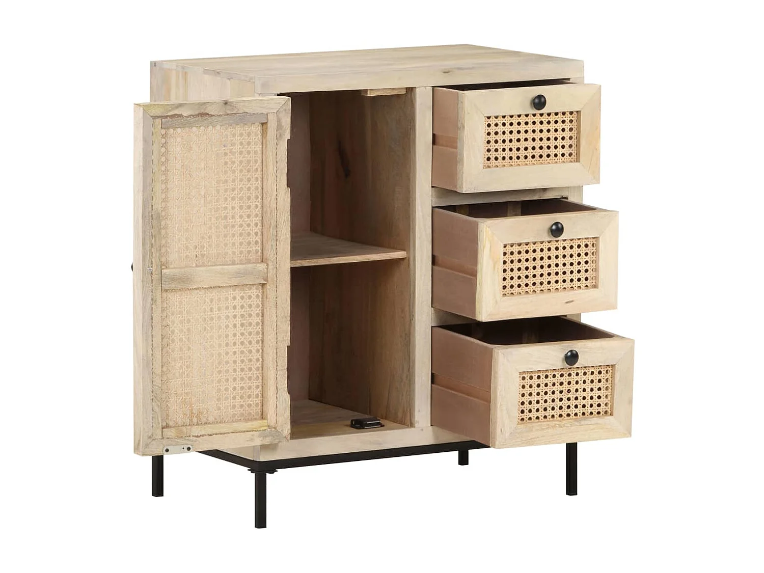Buffet 60x35x70 cm Bois de manguier massif et canne naturelle