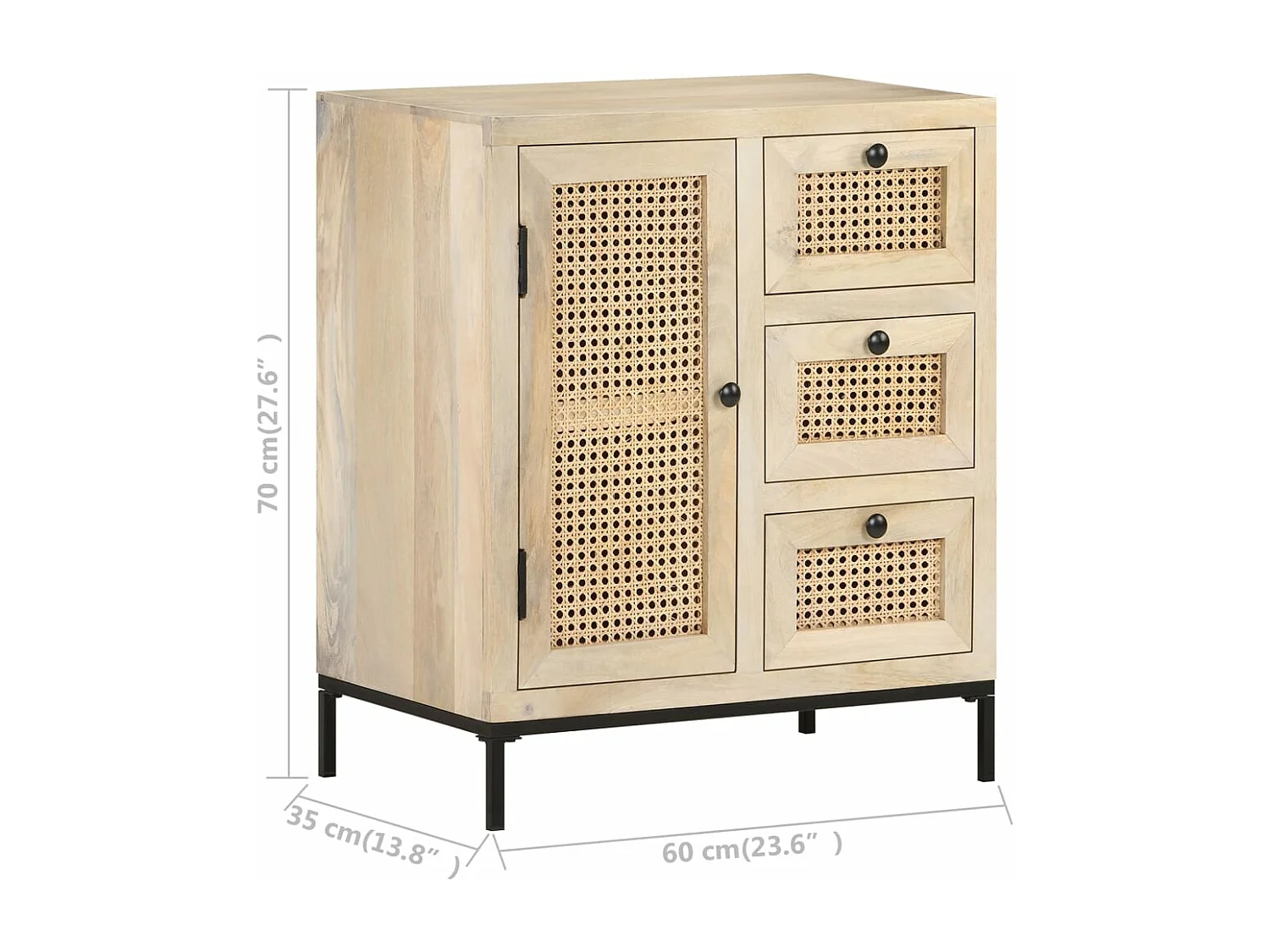 Buffet 60x35x70 cm Bois de manguier massif et canne naturelle