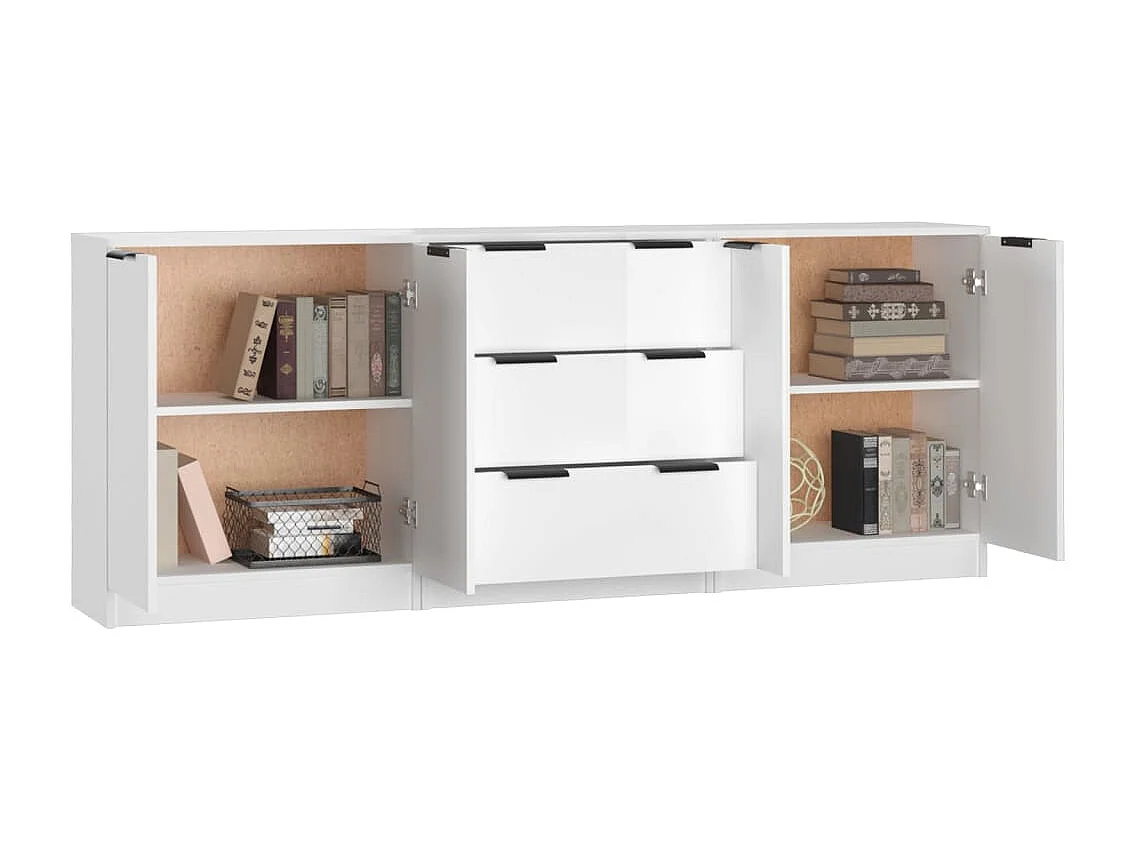 Buffets 3 pcs blanc brillant bois d'ingénierie