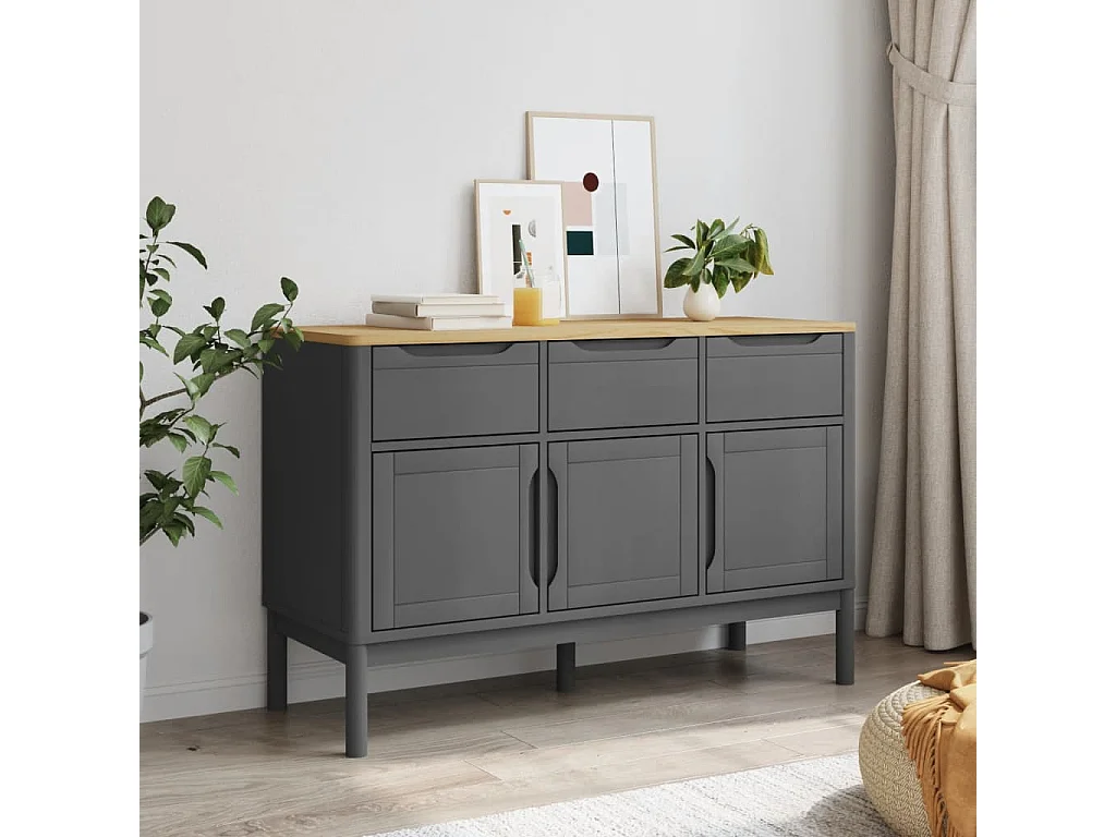 Credenza FLORO Grigia 114x43x74 cm in Legno Massello di Pino