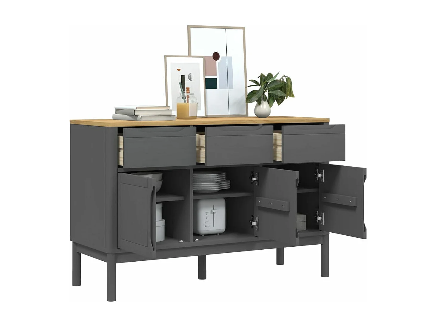 Credenza FLORO Grigia 114x43x74 cm in Legno Massello di Pino