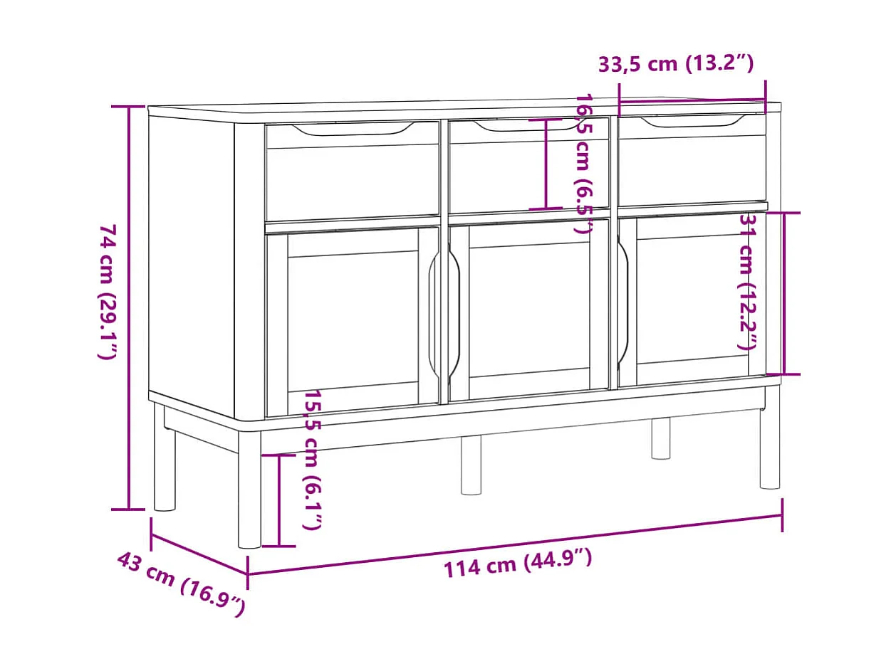 Credenza FLORO Grigia 114x43x74 cm in Legno Massello di Pino