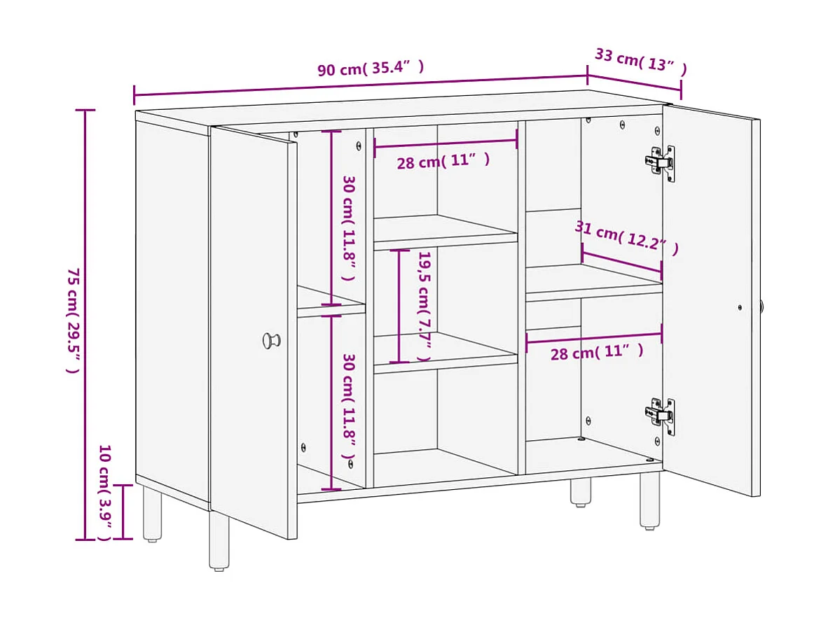 Credenza Nera 90x33x75 cm in Legno Massello di Mango