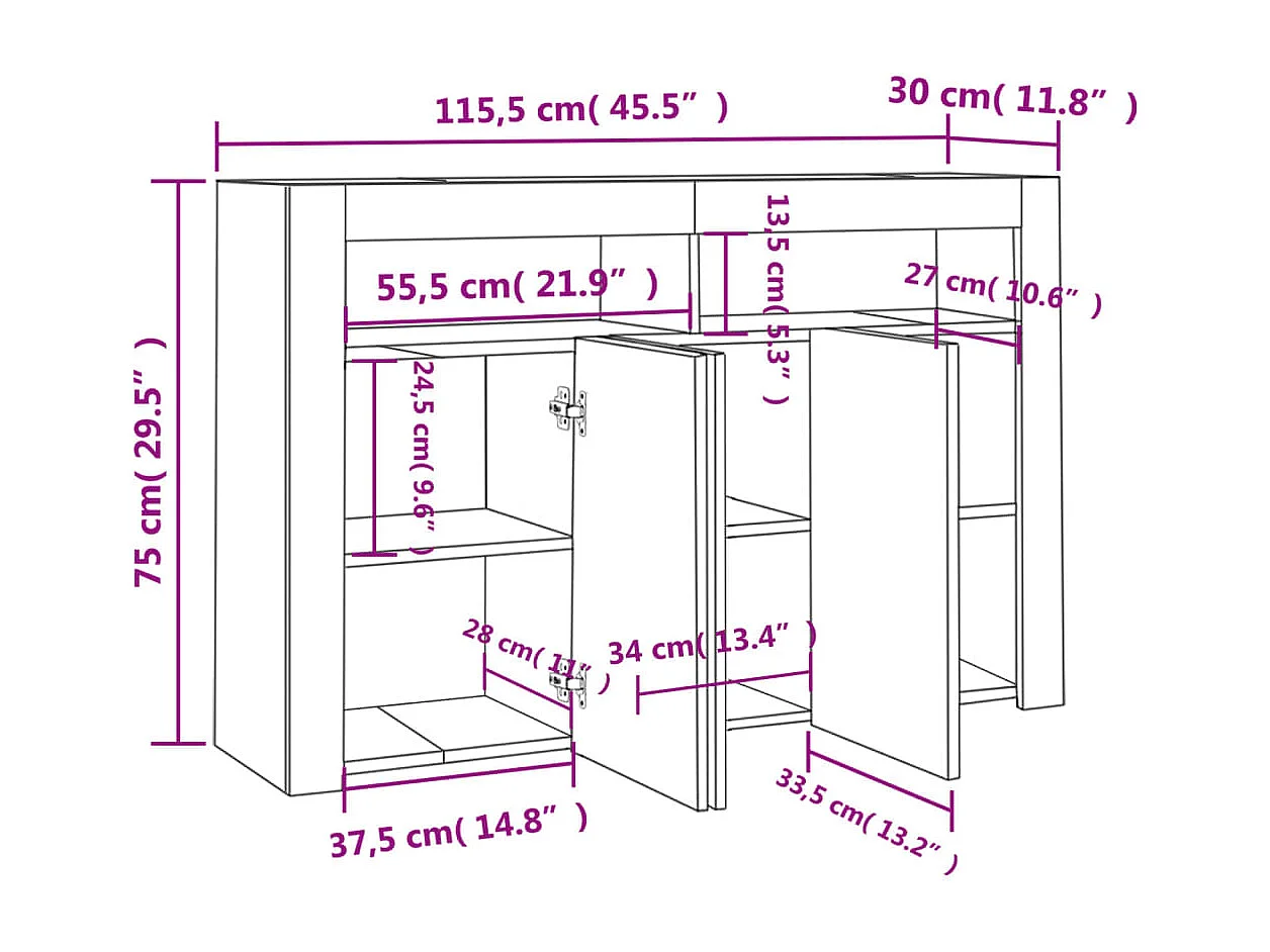 Sideboard mit LED-Leuchten Hochglanz-Weiß 115,5x30x75 cm