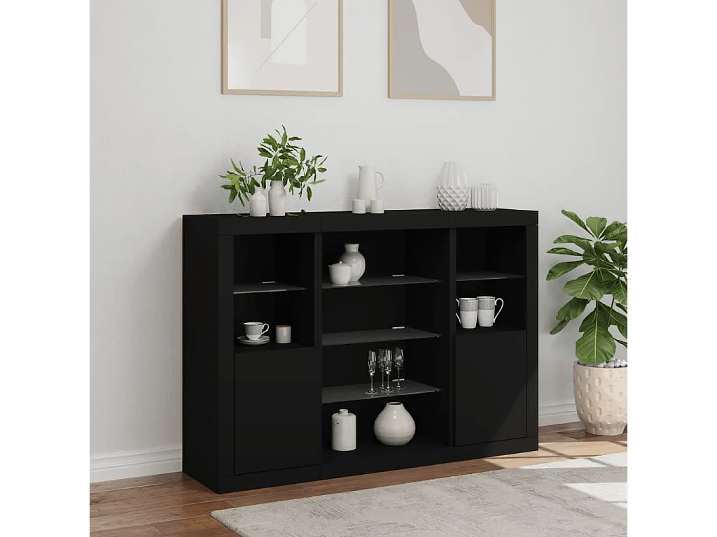 Sideboards mit LED-Leuchten 3 Stk. Schwarz Holzwerkstoff