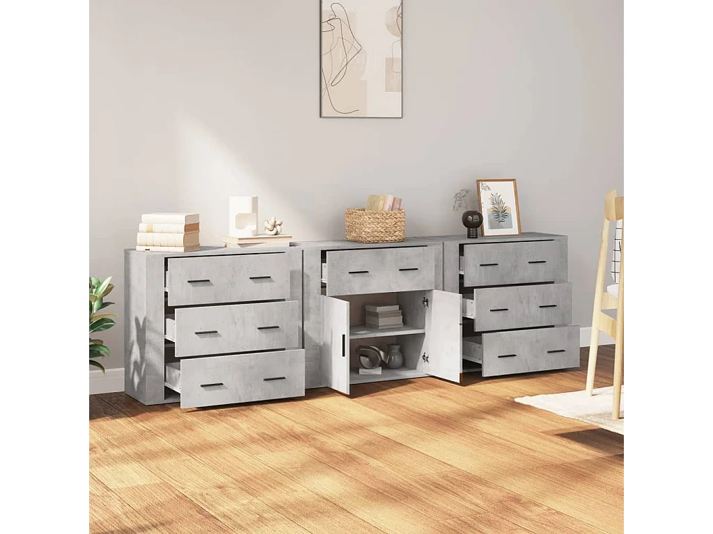 Buffets 3 pcs gris béton bois d'ingénierie