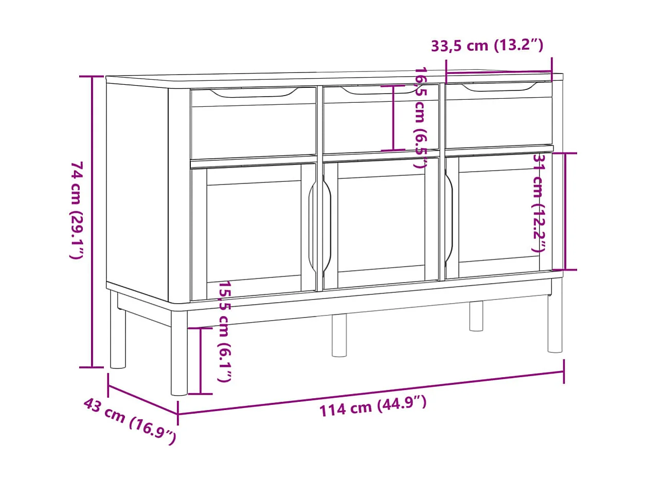 Aparador FLORO madera maciza de pino marrón cera 114x43x74 cm