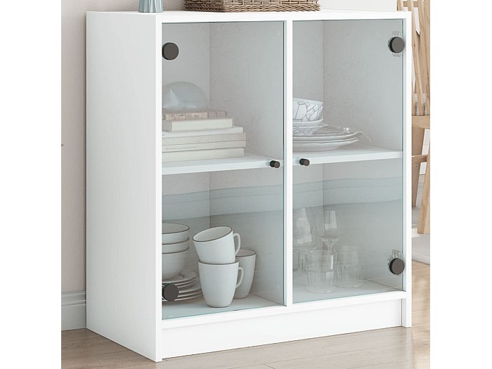 Mobiletto Con Ante In Vetro Bianco 68x37x75,5 Cm – Legno Multistrato, Carico Max 60 Kg, Ideale Per Soggiorno O Camera