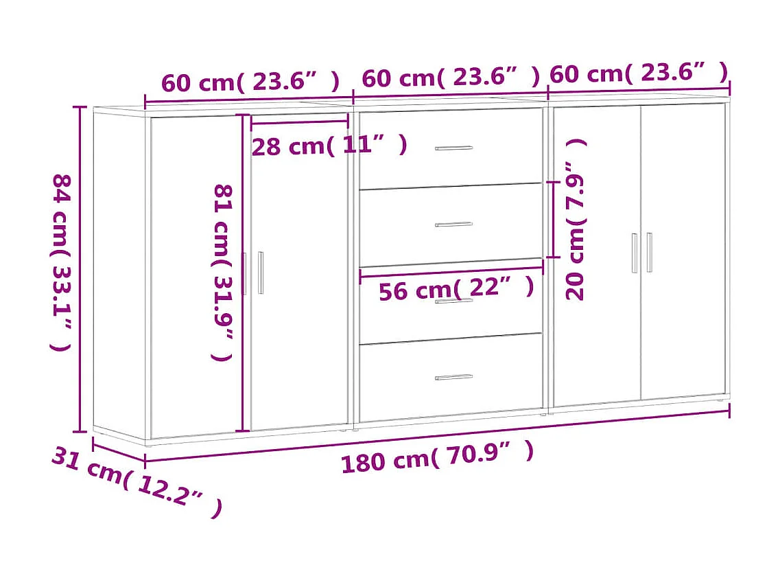 Buffets 3 pcs blanc 60x31x84 cm bois d'ingénierie