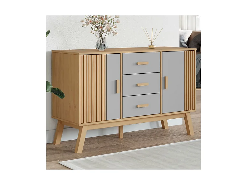 Credenza OLDEN Grigia e Marrone 114x43x73,5 cm Massello di Pino