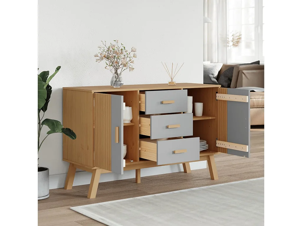 Sideboard OLDEN Grau und Braun 114x43x73,5 cm Massivholz Kiefer